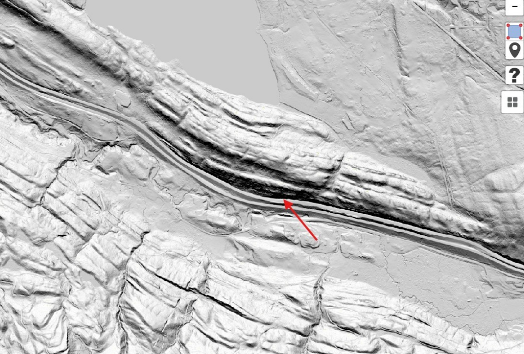LIDAR data from Washington DNR showing the site of the 19 March 2026 landslide onto Interstate 5 near to Bellingham, WA.