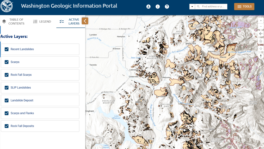 Mapped landslides to the east of Bellingham, WA. Data from the Washington Geologic Information Portal.