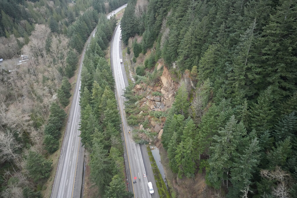 The aftermath of the 19 March 2026 landslide onto Interstate 5 near to Bellingham, WA.