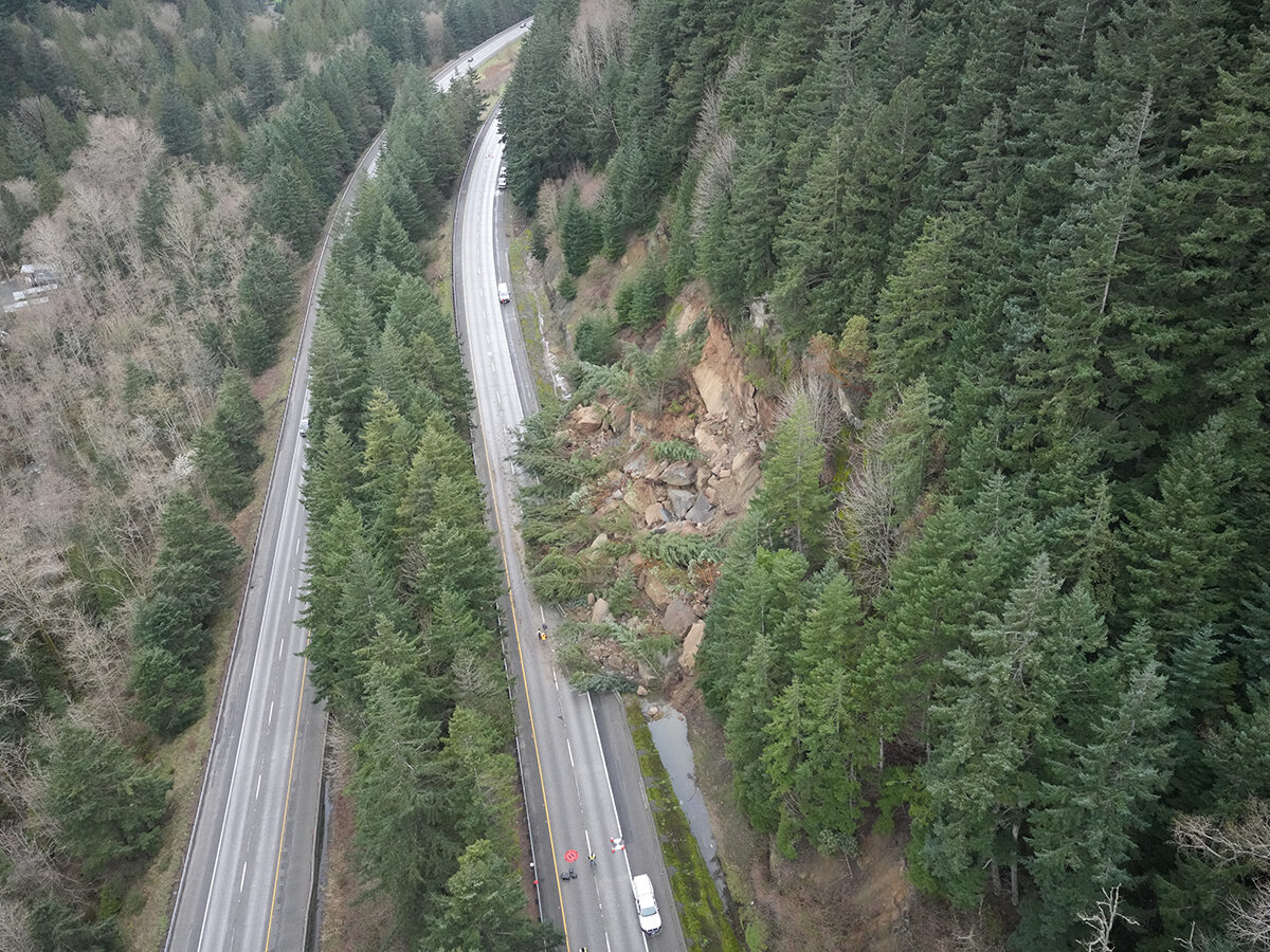 The aftermath of the 19 March 2026 landslide onto Interstate 5 near to Bellingham, WA.