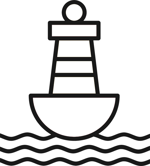 Black-and-white line art of a buoy atop three wavy lines denoting water