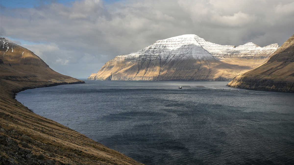 A large fjord with rocky, snow-covered mountains in the background