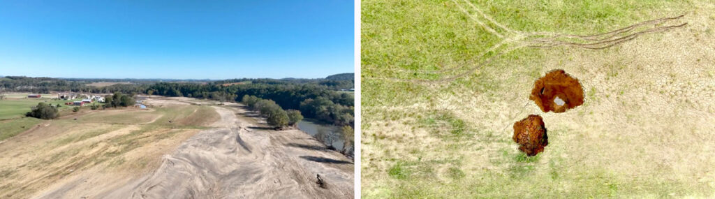 (left) An overhead view of a farm shows a landscape washed over with sand. (right) An overhead view of a grassy landscape shows two patches of eroded dirt.