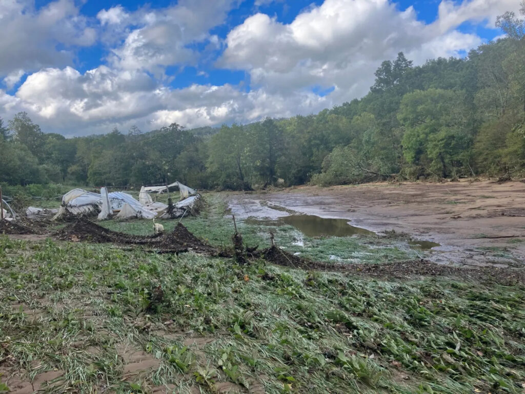 A white agricultural tent lies on the ground, having been wiped out by a flood. Green trees line the area.