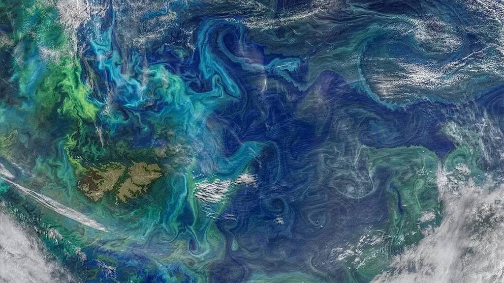 A satellite image of the ocean shows various shades of blue swirls.