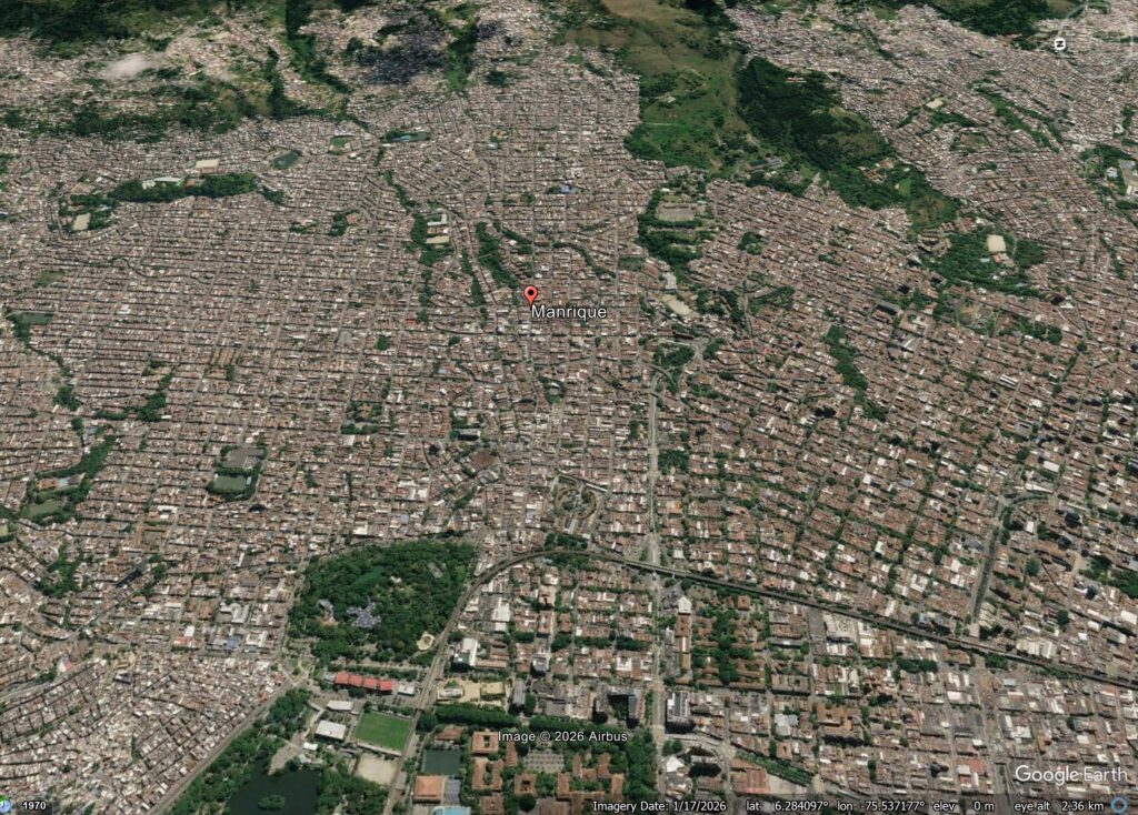 Google Earth image of the Manrique neighbourhood of Medellin in Colombia.