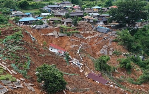 The aftermath of the 19 July 2025 landslide at Sangneung village.