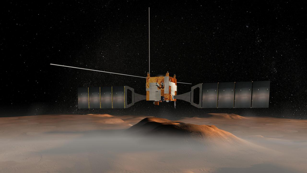 Illustration of a satellite over the surface of Mars.