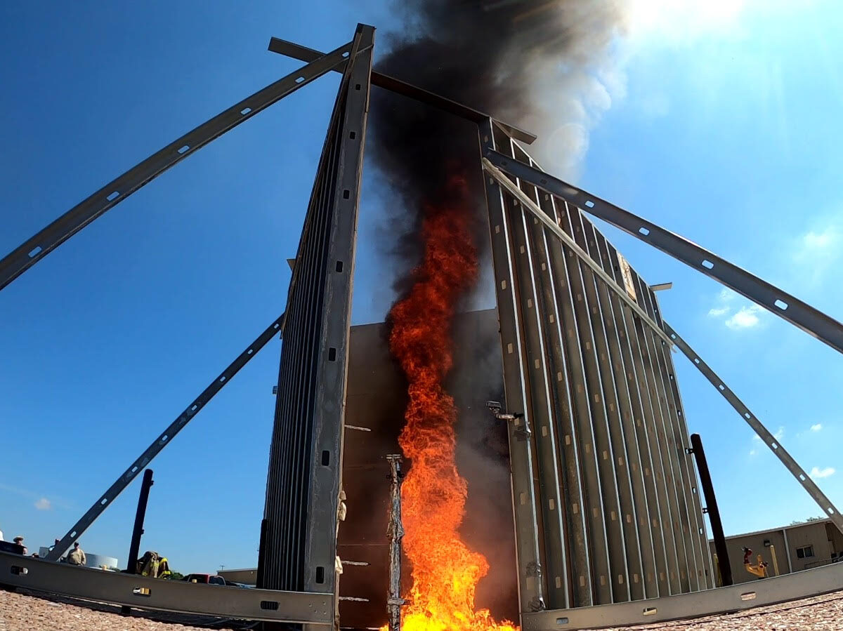 A fire whirl during May 2023 experiments at TEEX Brayton Fire Training Field