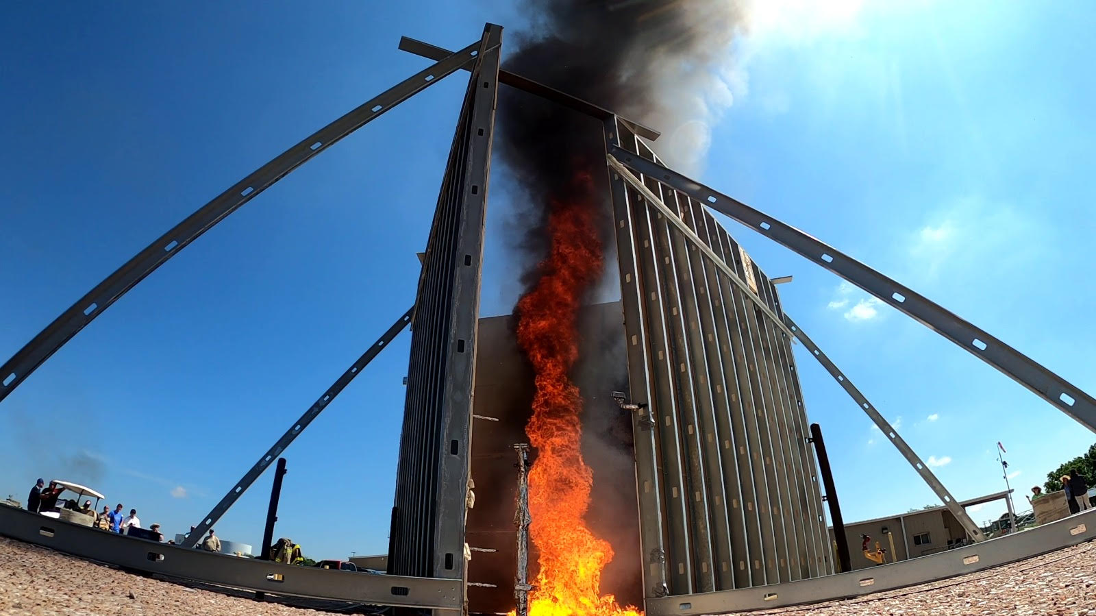 A fire whirl during May 2023 experiments at TEEX Brayton Fire Training Field