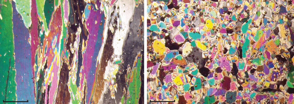 Two colorful images are side by side. The image on the left has colors organized into vertical columns. The image on the right looks more like mottled granite, with the colors less organized.