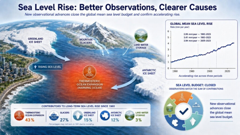 An illustration depicting the five main sources of global sea level rise: thermospheric ocean expansion, glaciers, the Greenland ice sheet, the Antarctic ice sheet, and land water storage. Insets show the percent contributions of each source, the rate of sea level rise in millimeters per year, and a picture showing that each is piece of the sea level budget.