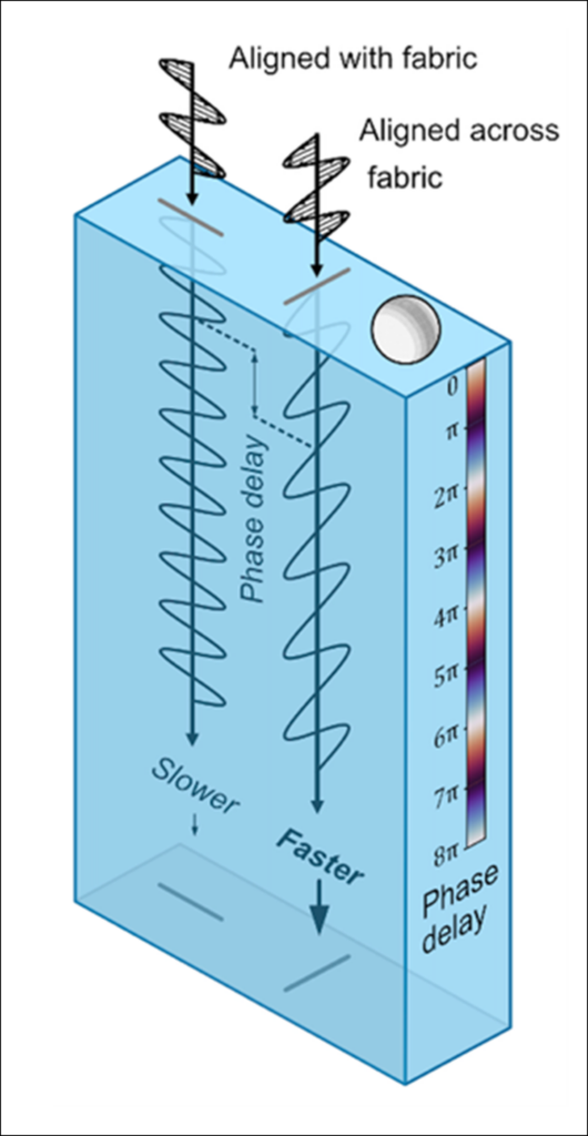 Cross-sectional illustration showing two sinusoidal waves, polarized in different directions, traveling down through a narrow, tall column of ice.