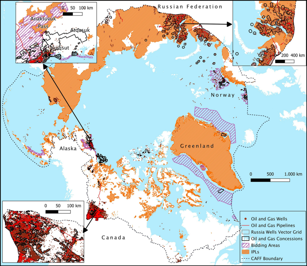 A map of the Arctic shows where oil and gas activities overlap with Indigenous lands.