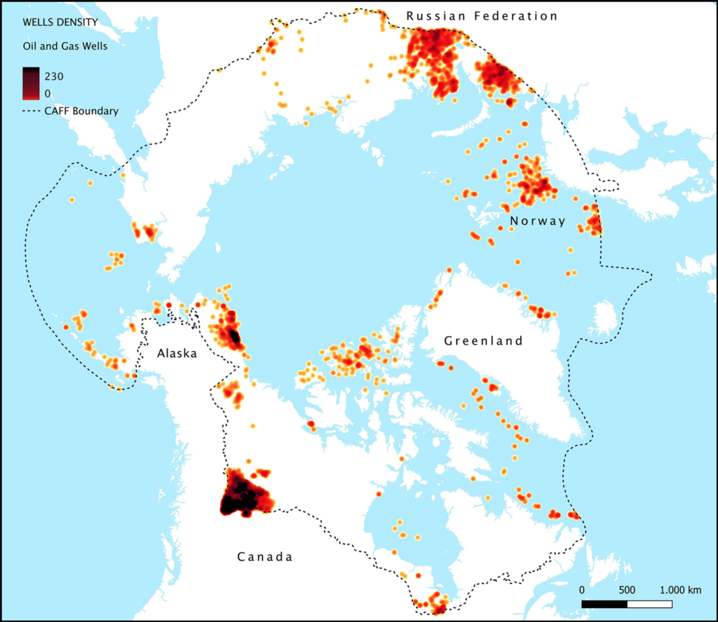 A map of the Arctic shows oil and gas well density. The highest density of oil and gas wells is in northwestern Canada, northern Alaska, and northern Russia.