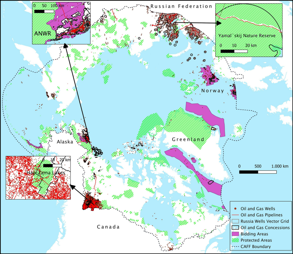 A map of the Arctic shows where oil and gas wells overlap with protected areas in the Arctic.