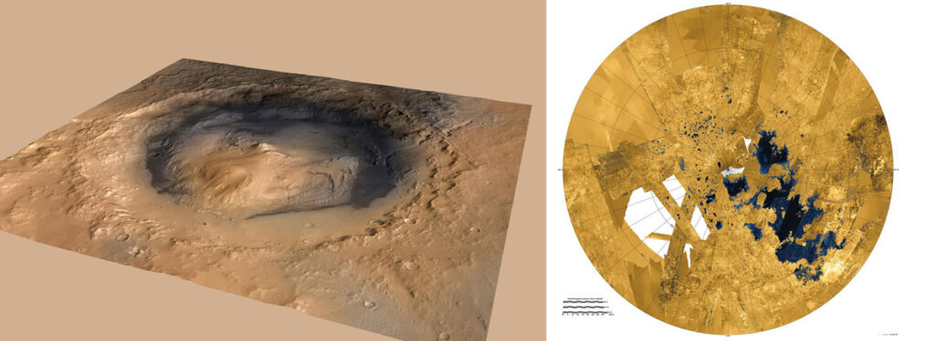 Side-by-side images of areas with past or current lakes. On the left is an aerial image of Gale Crater on Mars, with orange dusty plains surrounding a shadowed depression with a mountain in the middle. On the right is a composite image of Titan’s northern hemisphere. The ground is colored gold, and the lakes are in deep blues.