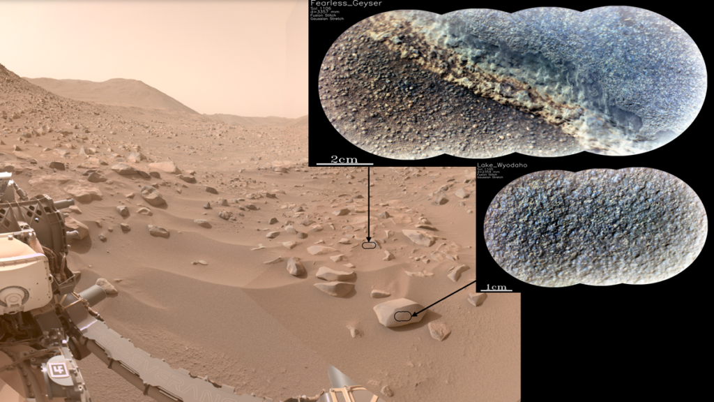 A photograph from the surface of Mars shows two insets zoomed in on rocks. The insets show the rocks with a rough texture and blue and gray colors.