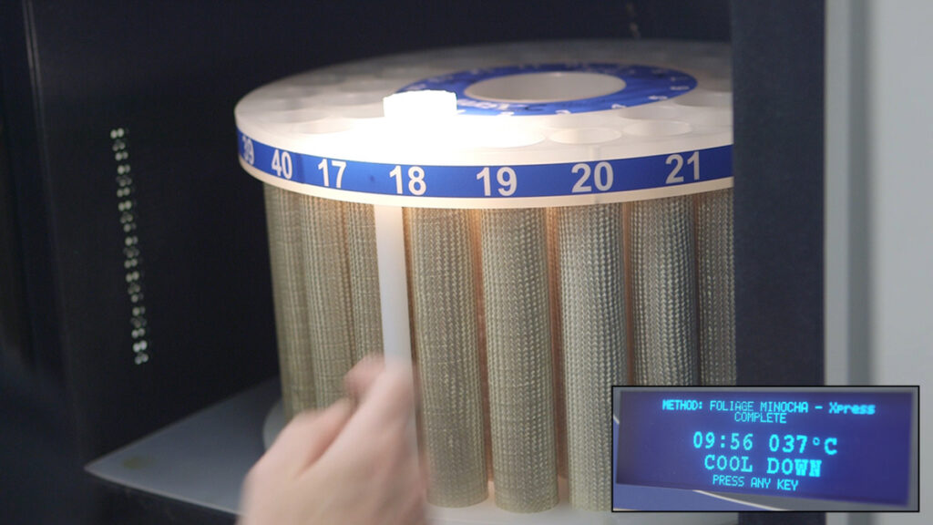 Laboratory microwave digestion system displays a foliage sample preparation method.