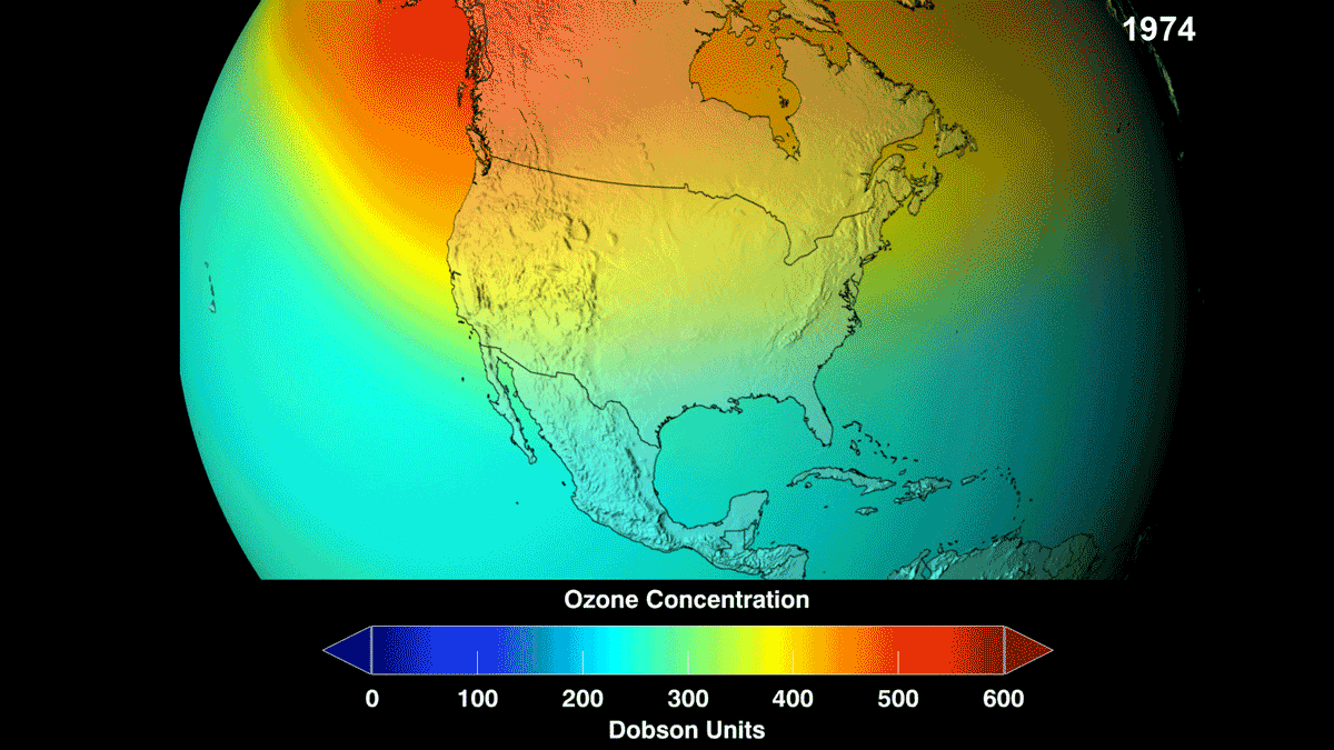 A GIF file showing how the ozone layer could have been depleted by 2060 if the Montreal Protocol had not been signed.