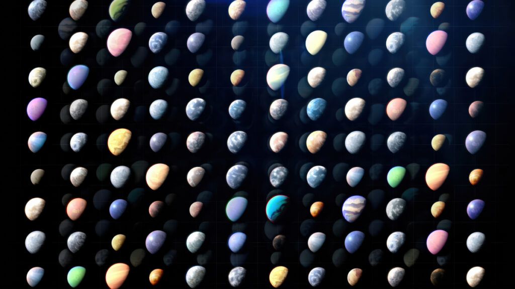 An artist’s illustration of an array of exoplanets with a 9 by 12 grid of colorful planets in a gibbous phase. A second grid of shadowed planets sits behind it.