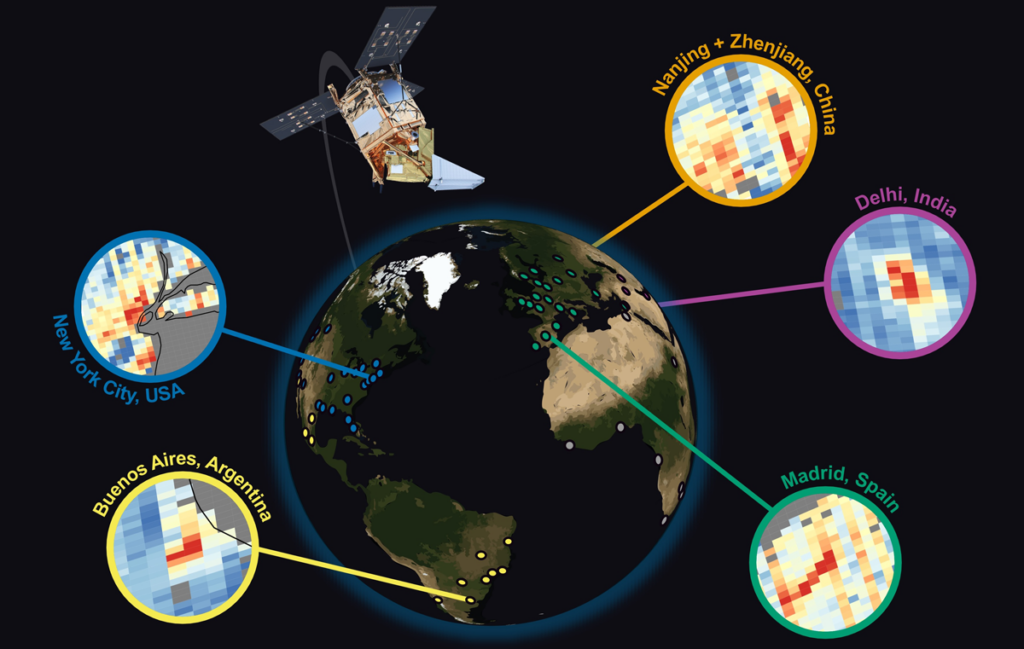 An illustration of Earth shows a satellite flying around the planet. Some cities are zoomed in on in pullouts: New York City, United States; Buenos Aires, Argentina; Nanjing and Zhenjiang, China; Delhi, India; and Madrid, Spain.