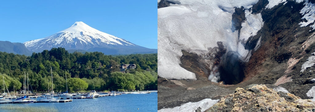 At left is a photo of a tall, snow-capped mountain in the distance, beyond a lake with docked sailboats and green forest. At right is a view looking down into a volcanic crater.