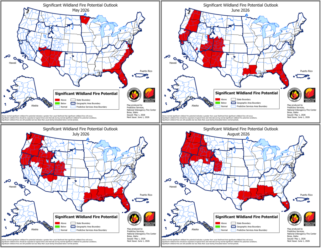 Four maps of the United States show where significant wildland fire potential is projected to be elevated May-August. Most of the country is projected to have average fire potential and is not colored, though parts of Arizona, New Mexico, Utah, Colorado, California, Oregon, Washington, Nevada, Idaho, Texas, and states in the Southeast have above-average fire potential and are colored red.