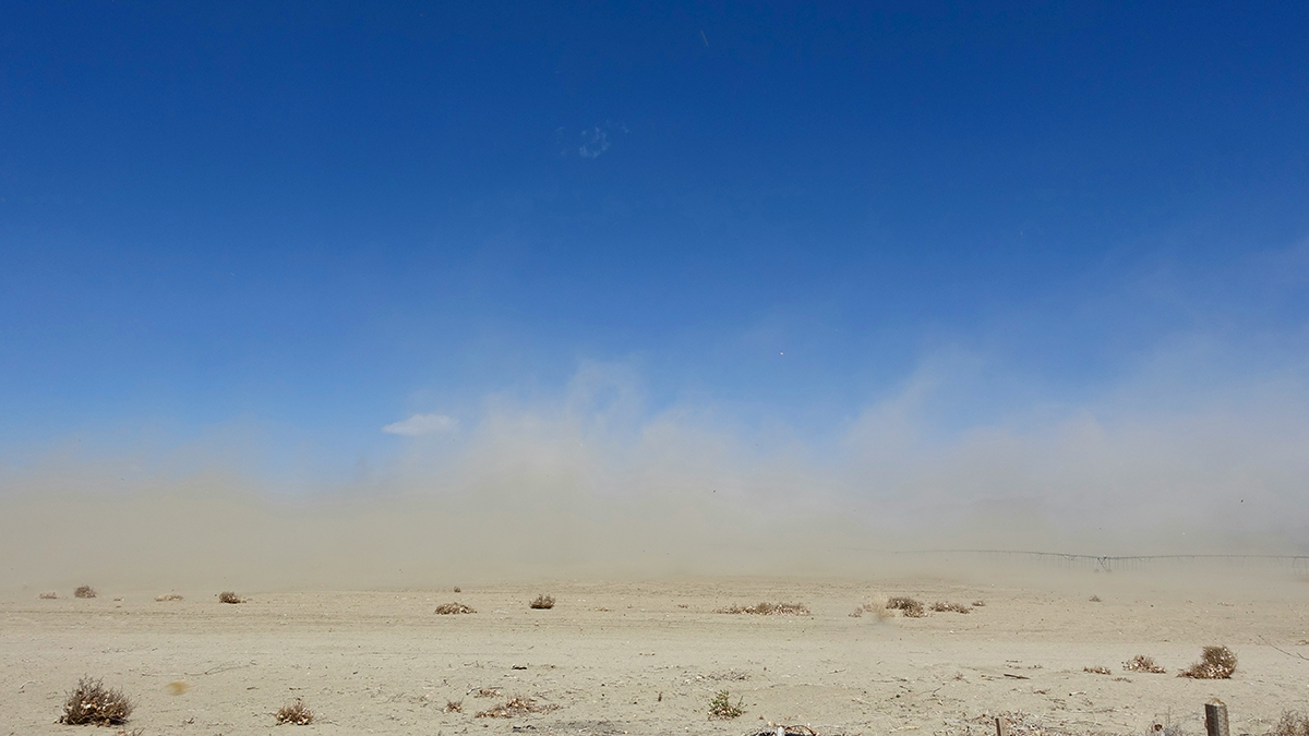 A desert landscape with blue sky.