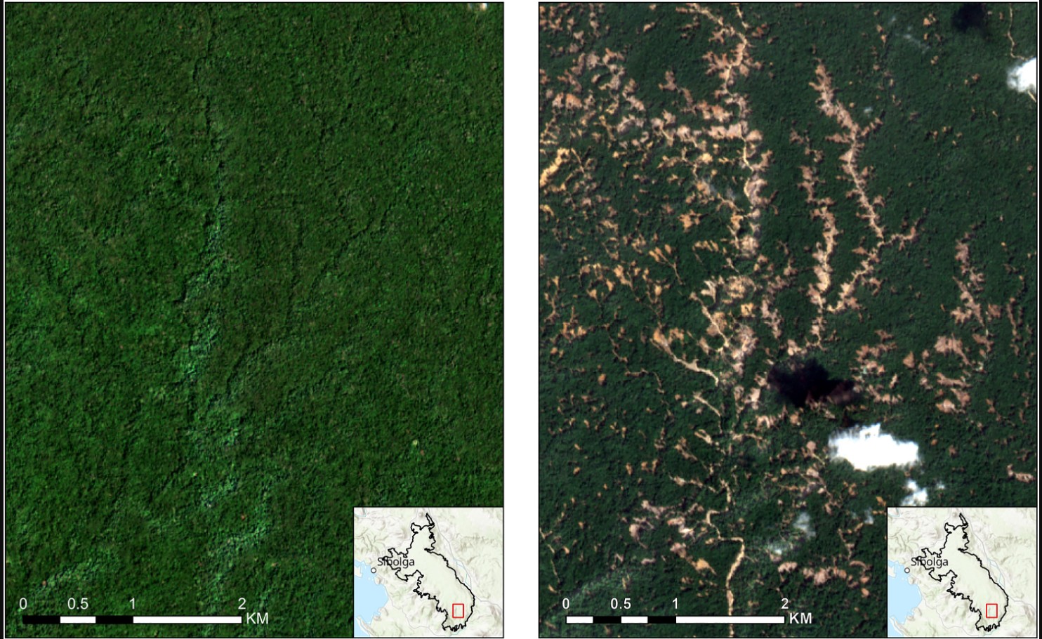 Before and after satellite imagery of the impacts of Cyclone Senyar.