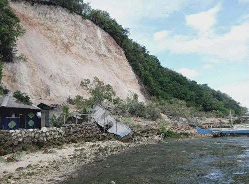 A failure in a coastal cliff at Sitio Buhangin, Barangay Patuco, Sarangani following the 8 June 2026 earthquake near Mindanao.