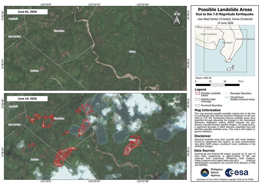 Philippine Space Agency mapping of landslides triggered by the Mindanao Earthquake.