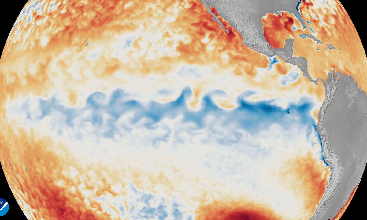 A gif of the Earth shows a pattern of red and blue swirling over the tropical Pacific Ocean.