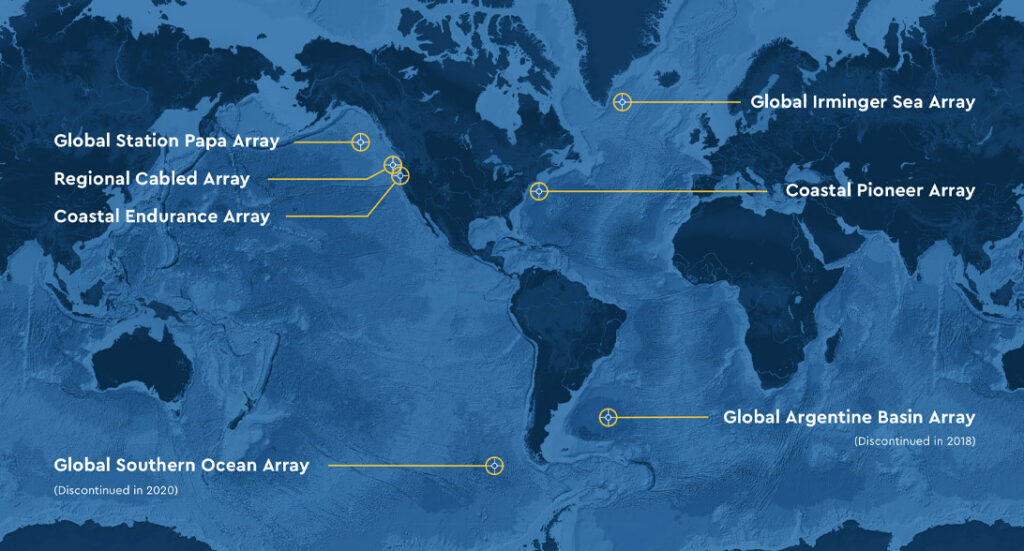 A map of the locations of five current and two decommissioned arrays of scientific equipment that are part of the Ocean Observations Initiative.