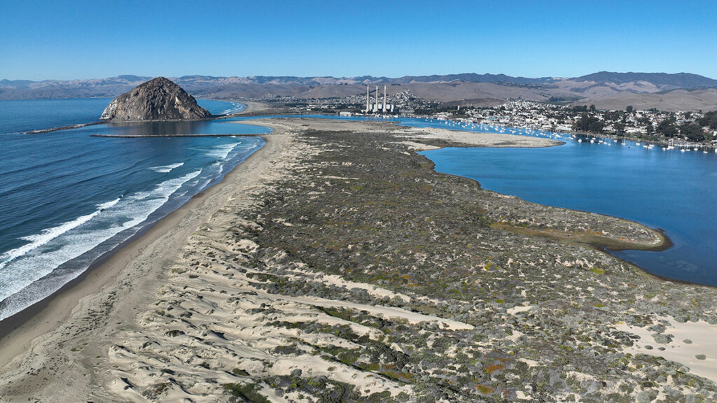 A sand bar on a beach is surrounded by water on both sides. A coastline with infrastructure is seen in the distance.