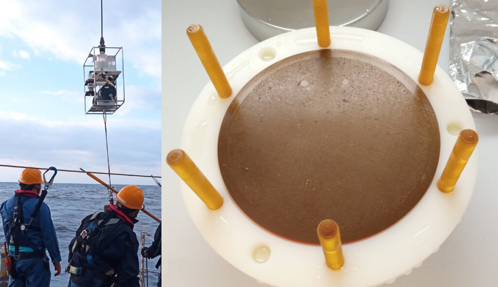 At left, two people wearing safety harnesses and orange hard hats watch as a scientific instrument is lowered by a cable over the ocean. At right is a close-up view of a brown-colored circular filter disk held in the center of a white plastic ring fixture.