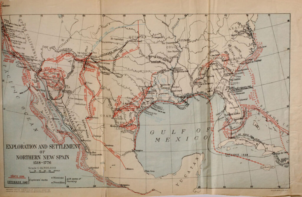 An old map of Mexico, Cuba, and the southern United States contains an abundance of red lines tracing the routes of Spanish explorers.