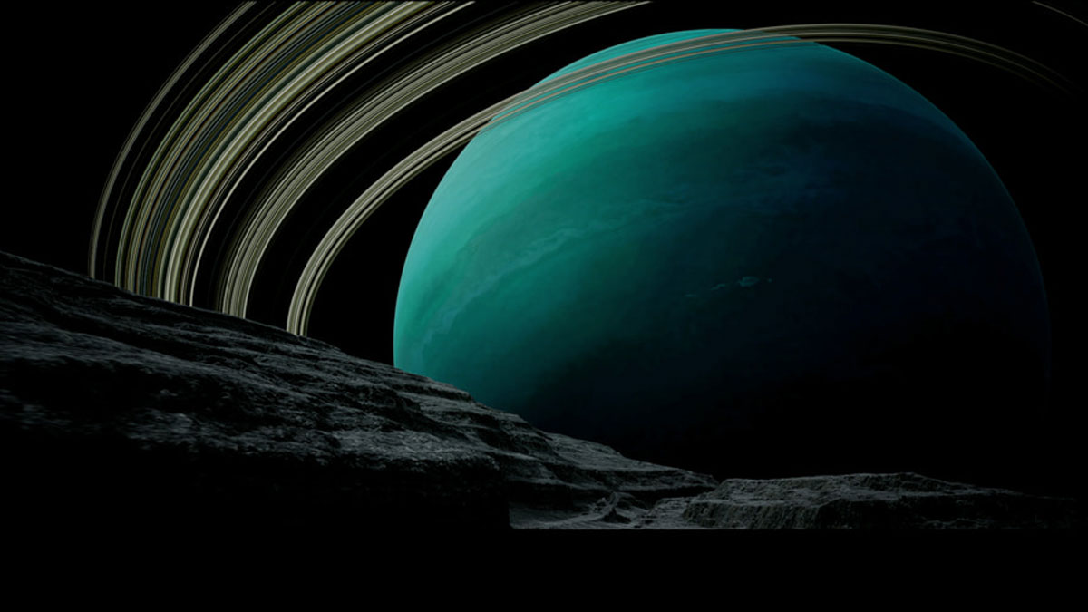 A teal-colored sphere appears beyond a dark gray, rocky-textured foreground against a black background. Thin cream-, gray-, and green-colored rings appear to encircle the teal sphere in a roughly horizontal orientation.