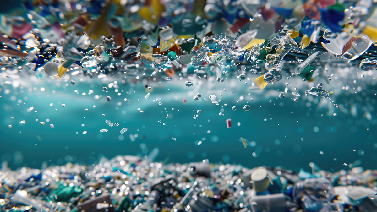 Many small, colorful pieces of plastic float in teal-blue water.