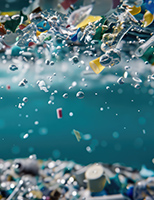 Many colorful pieces of plastic float atop teal-blue water; more rest at the bottom of the water.