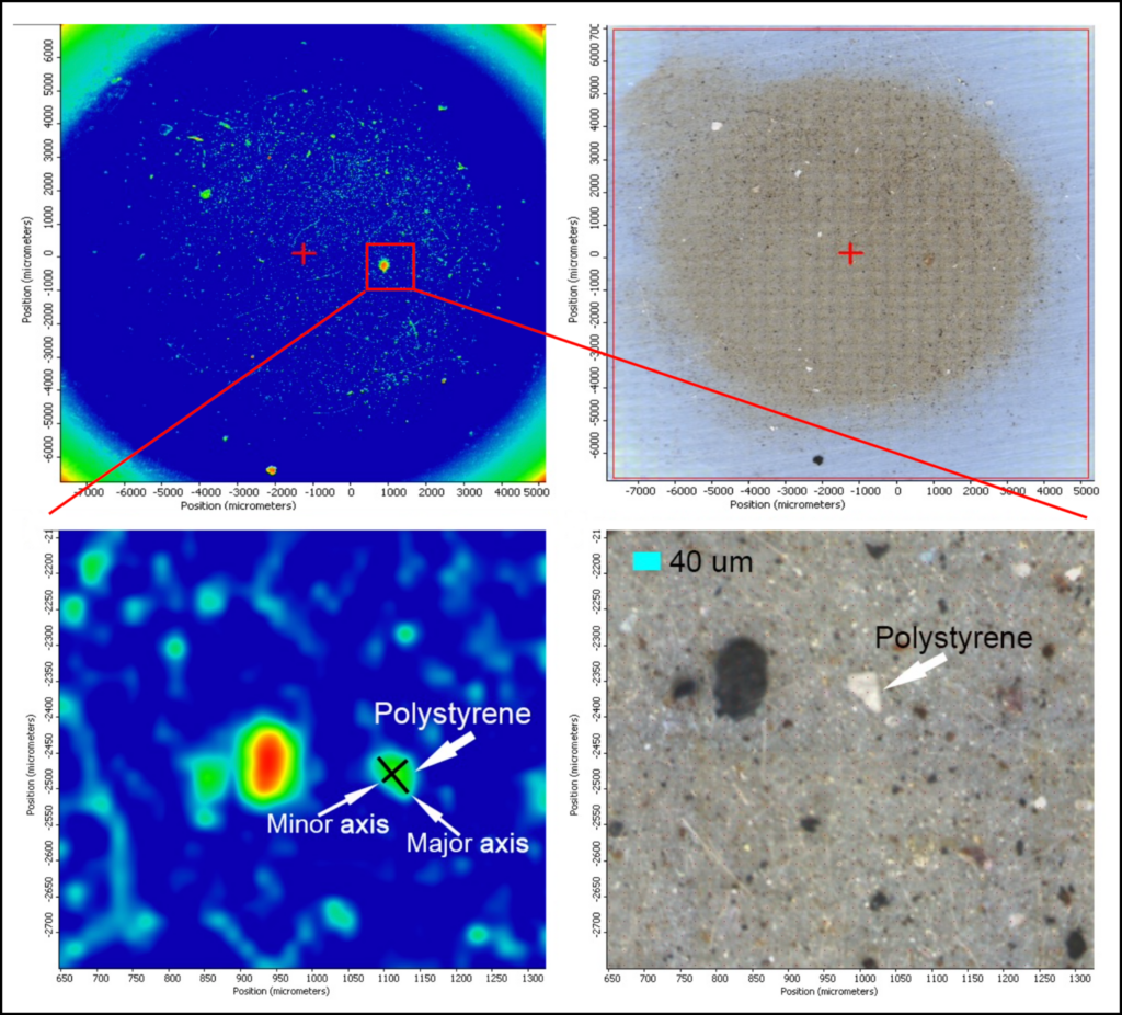 Four-panel figure showing a false-color chemical map (top row, left) of plastic particles collected from the ocean on a filter beside an optical image of the same particles and filter (top row, right), as well as zoomed in views from the chemical map (bottom row, left) and optical image (bottom row, right) that identify a polystyrene fragment.