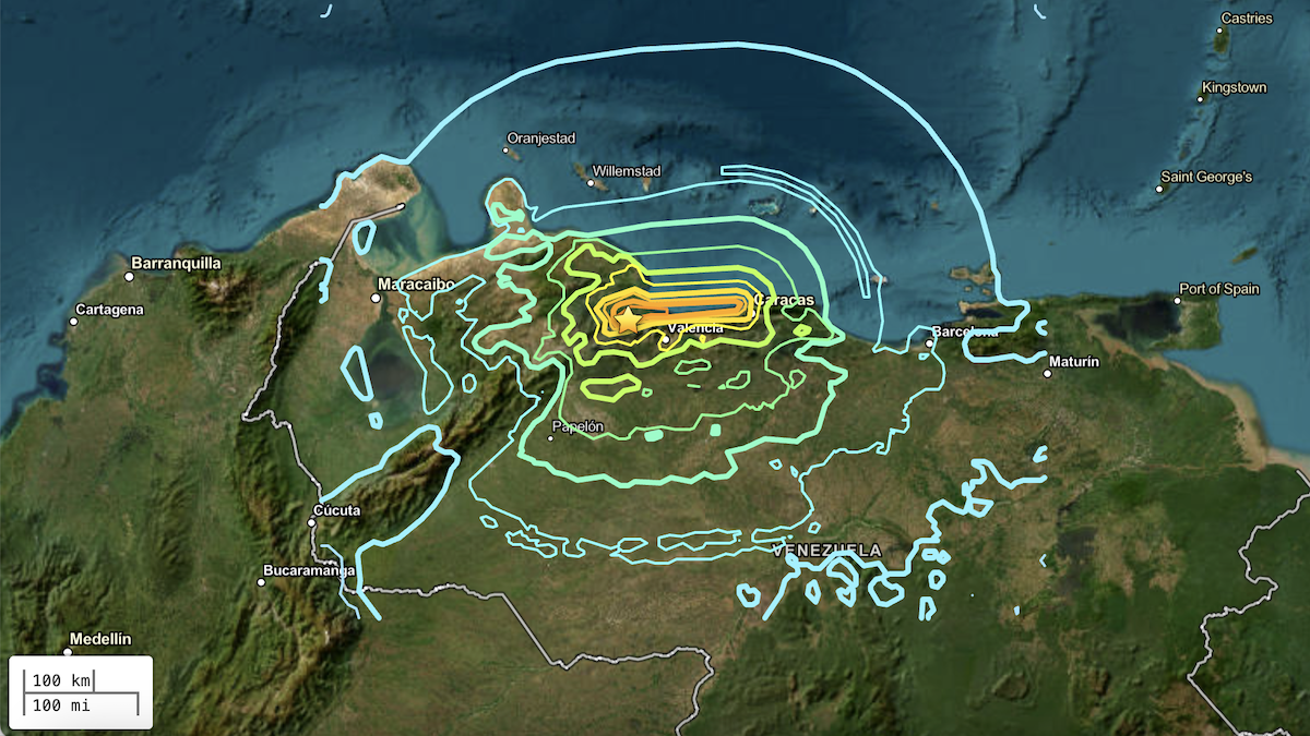 A map of northern Venezuela shows contour lines representing shaking intensity for the mainshock earthquake on 24 June, 2026. The epicenter of the earthquake is marked with a star, and shaking intensity increases closer to the epicenter.