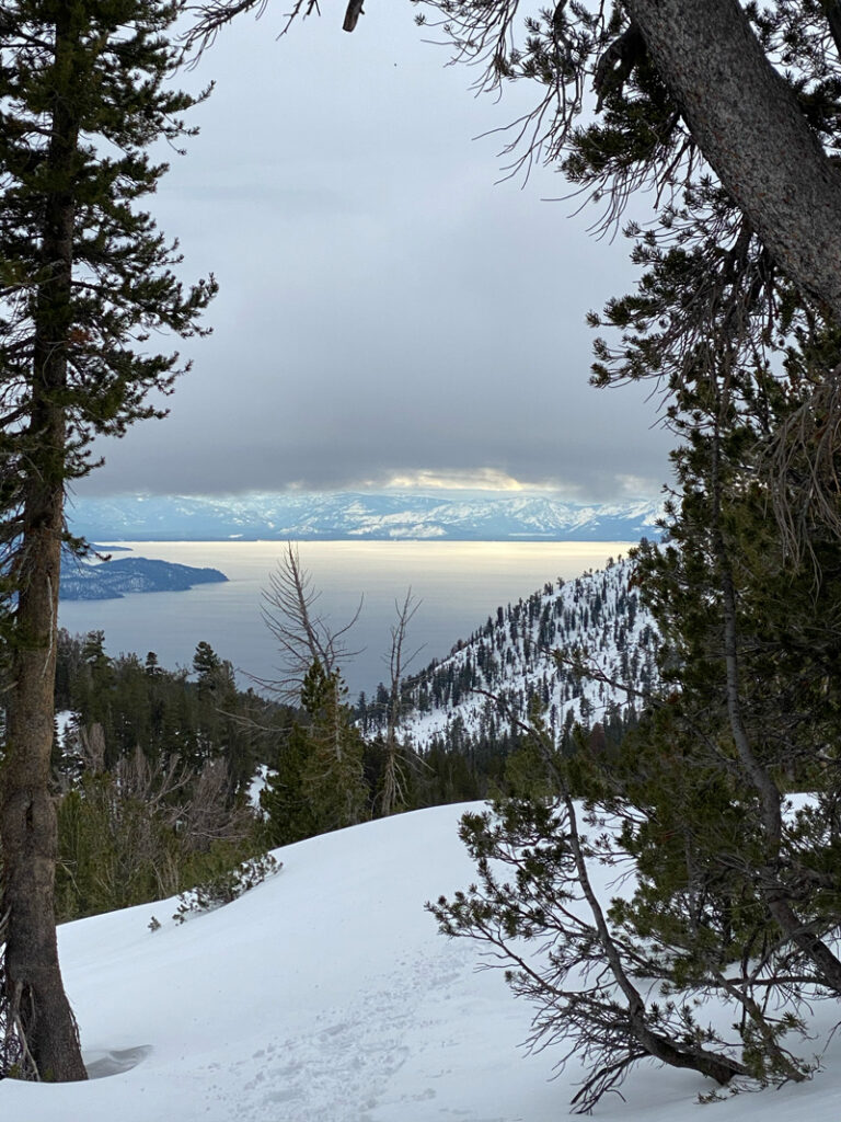 A view looking down a forested, snow-covered slope toward Lake Tahoe in the distance