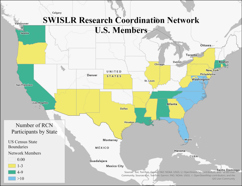 A map of the United States indicating states where participating members of the Saltwater Intrusion and Sea Level Rise (SWISLR) Research Coordination Network (RCN) are based.