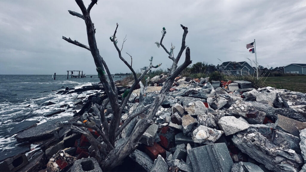 A dead tree rises from a pile of rocks, concrete, and bricks heaped along a shoreline. In the background, a flagpole stands with a United States flag and a North Carolina flag outstretched in the wind beside a gray house and under overcast skies.