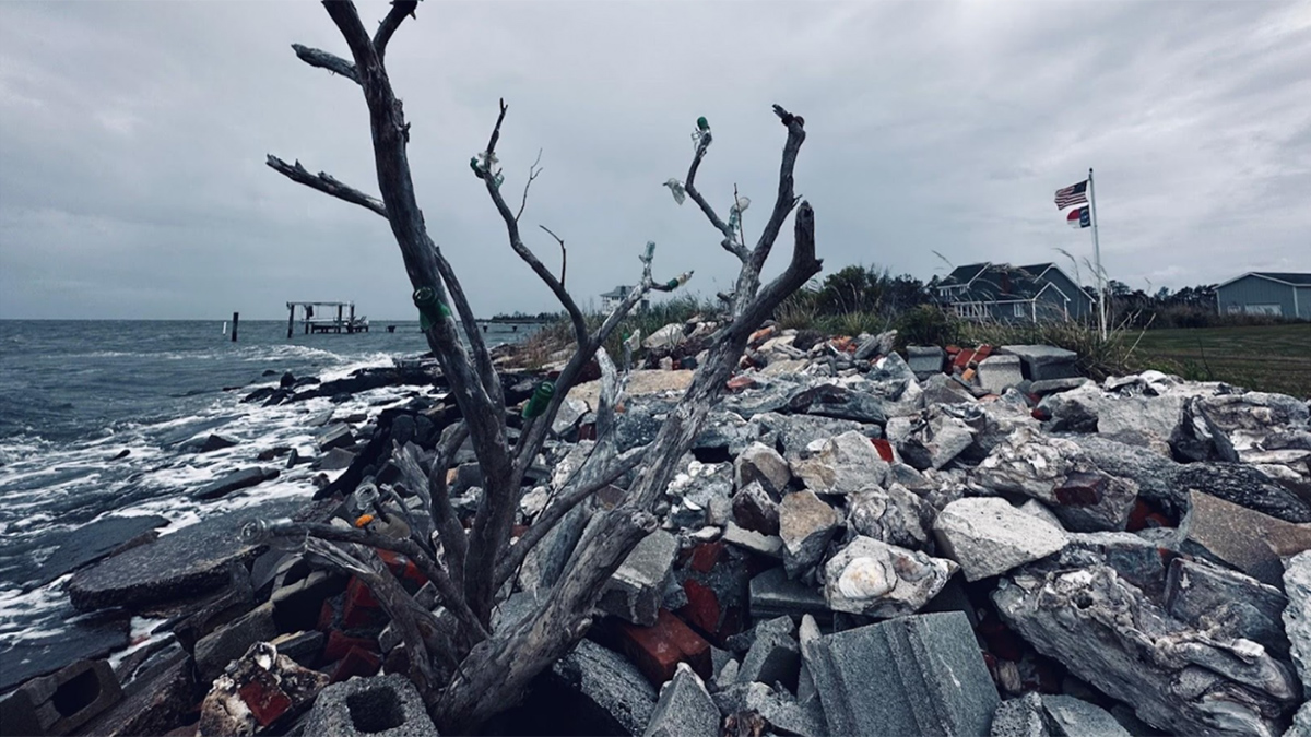 A dead tree rises from a pile of rocks, concrete, and bricks heaped along a shoreline. In the background, a flagpole stands with a United States flag and a North Carolina flag outstretched in the wind beside a gray house and under overcast skies.