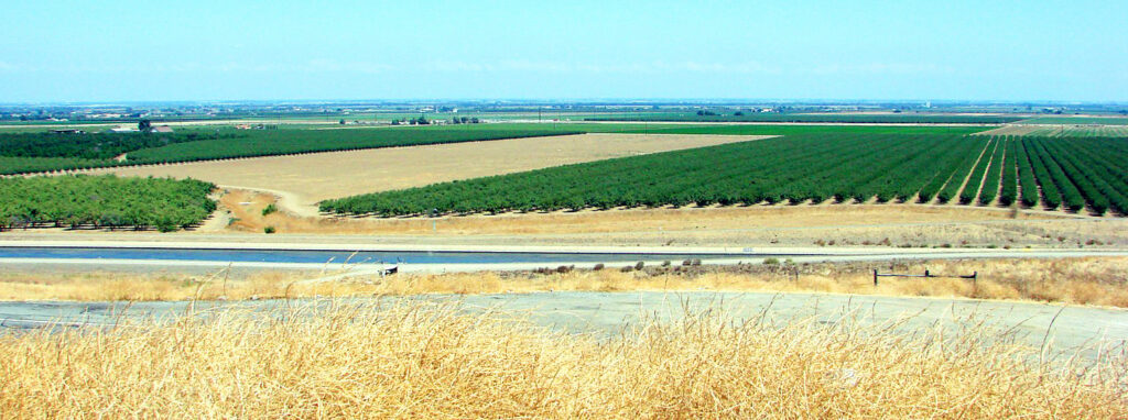 Agricultural fields line a canal in California’s San Joaquin Valley.