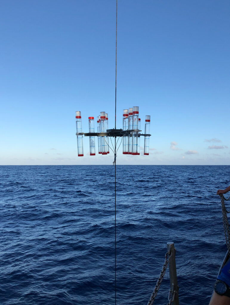 A sediment trap array comprising 12 large clear sample tubes is held by a cable over the ocean off the side of a ship.