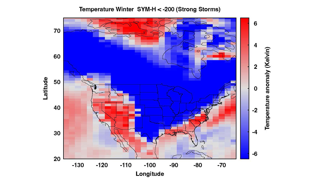 A map of North America shows pixels of red and blue, which represent temperature anomalies, measured in kelvins.