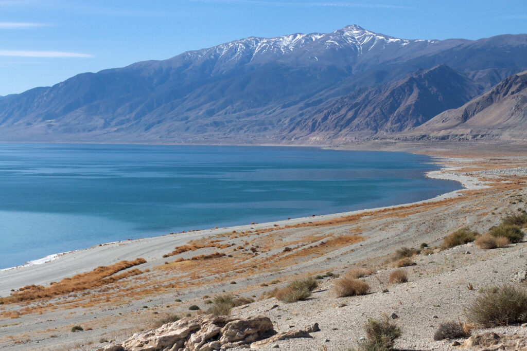 A portion of the arid-looking shoreline of Walker Lake in Nevada with mountains rising beyond the lake